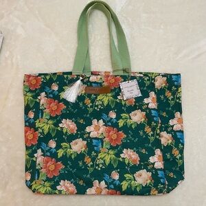 NEW Laura Ashley Reusable Green Floral Cotton Tote Leather Logo and Tassle